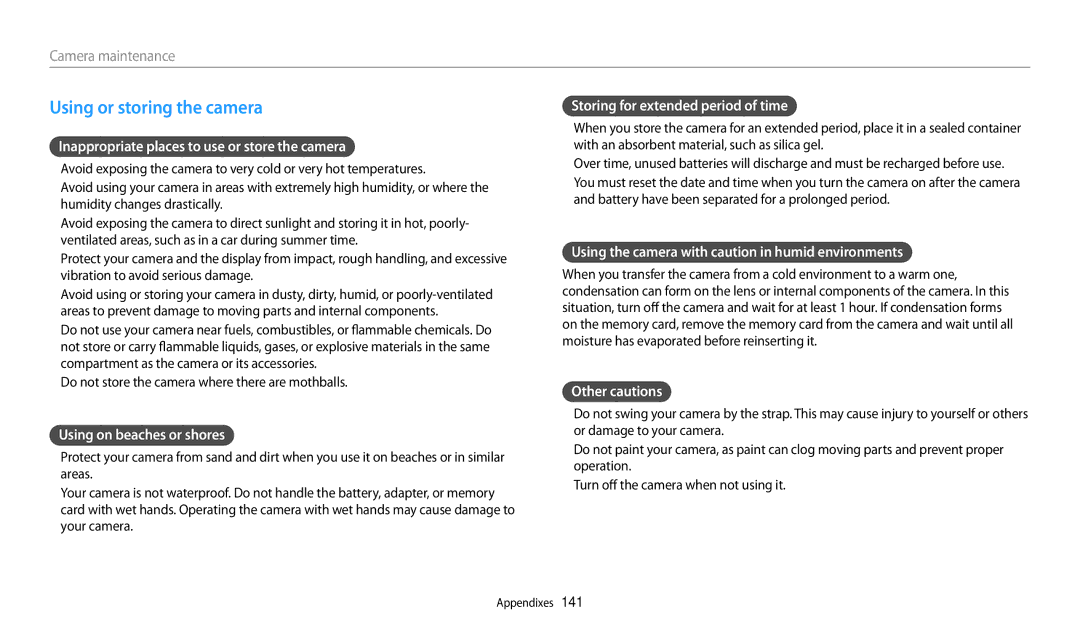 Samsung WB252F, WB280F, WB251F, WB250F user manual Using or storing the camera 