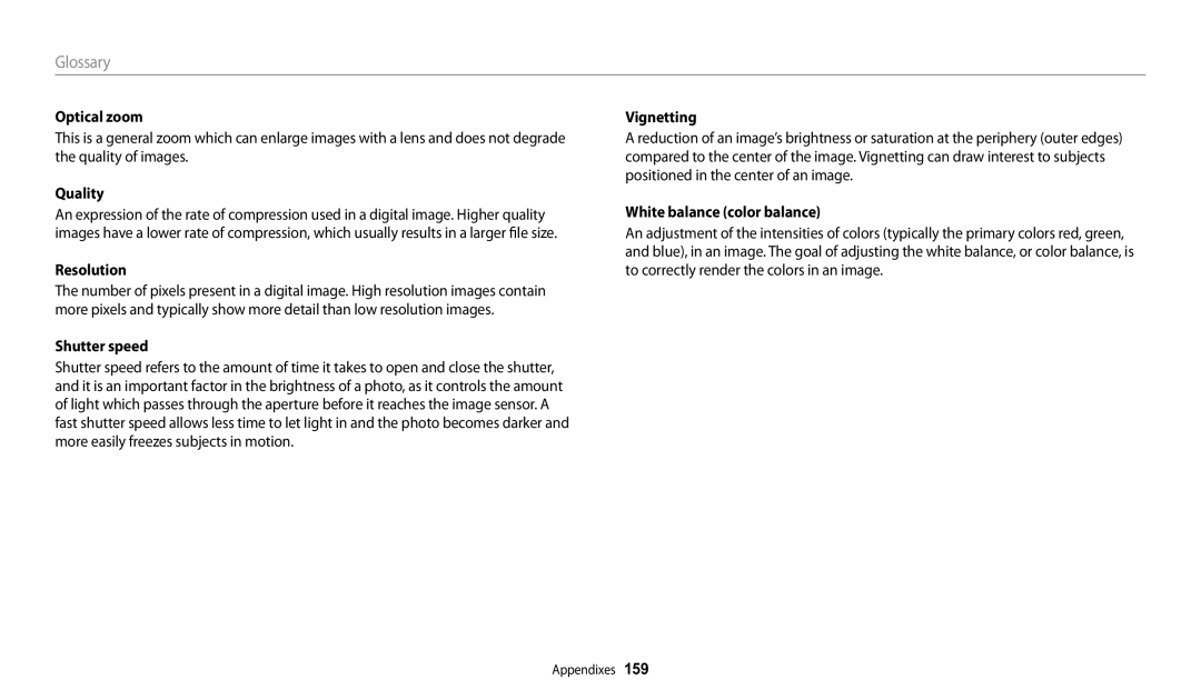 Samsung WB280F, WB251F, WB252F, WB250F user manual Optical zoom, Quality, Resolution, White balance color balance 