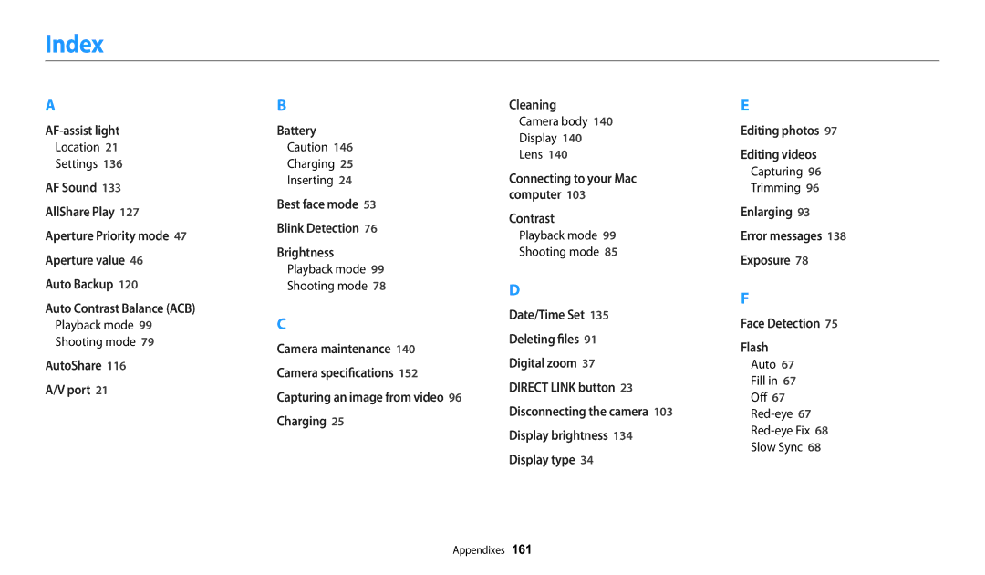 Samsung WB252F, WB280F, WB251F, WB250F user manual Index 