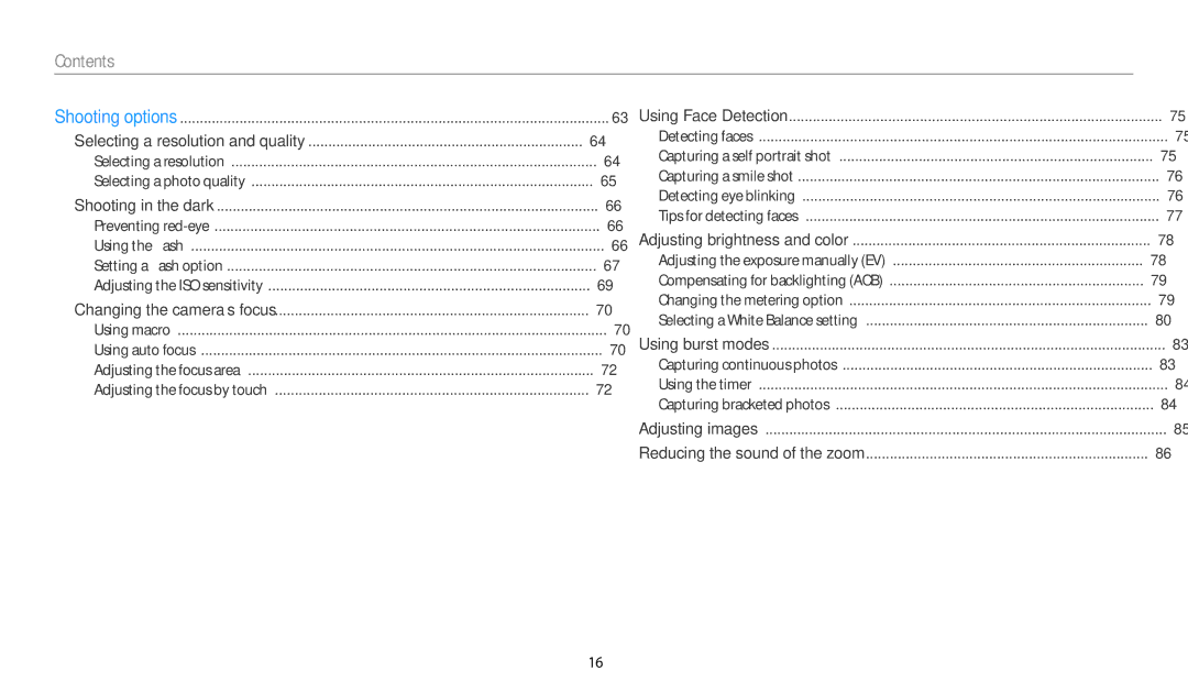 Samsung WB251F, WB280F, WB252F, WB250F user manual Contents 