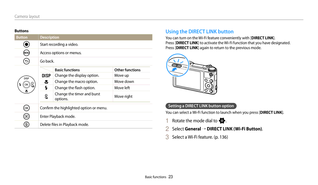 Samsung WB280F, WB251F Using the Direct Link button, Rotate the mode dial to n, Select General “ Direct Link Wi-Fi Button 