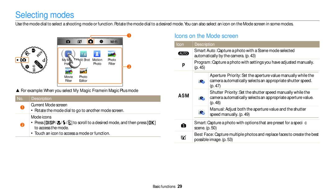 Samsung WB252F, WB280F, WB251F, WB250F user manual Selecting modes, Icons on the Mode screen 