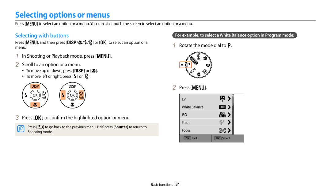 Samsung WB280F Selecting options or menus, Selecting with buttons, Press o to confirm the highlighted option or menu 