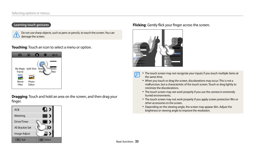 Samsung WB252F, WB280F, WB251F, WB250F user manual Learning touch gestures 