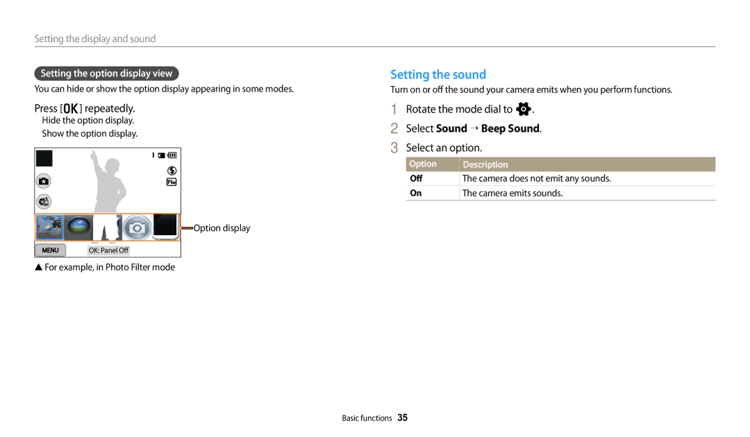 Samsung WB280F, WB251F, WB252F, WB250F Setting the sound, Press o repeatedly, Select Sound “ Beep Sound, Select an option 