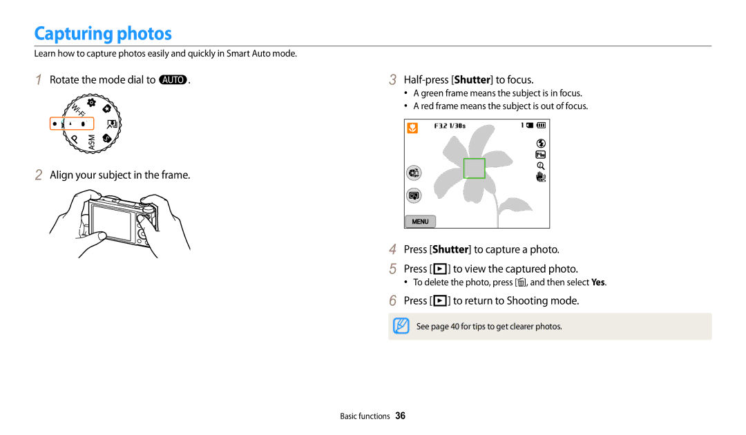 Samsung WB251F Capturing photos, Press P to return to Shooting mode, To delete the photo, press , and then select Yes 