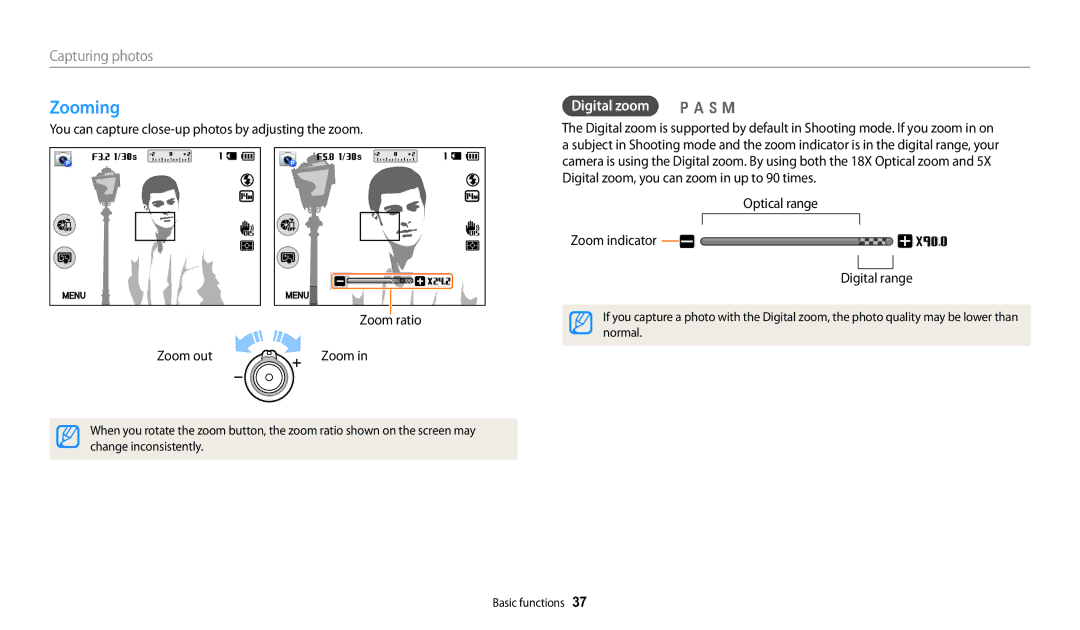 Samsung WB252F, WB280F, WB251F, WB250F user manual Zooming, Digital zoom p a h M, Optical range Zoom indicator Digital range 