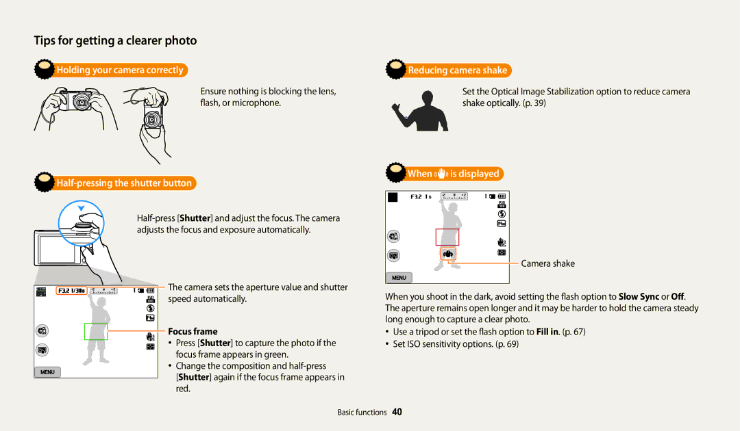 Samsung WB251F Holding your camera correctly, Half-pressing the shutter button, Reducing camera shake, When is displayed 