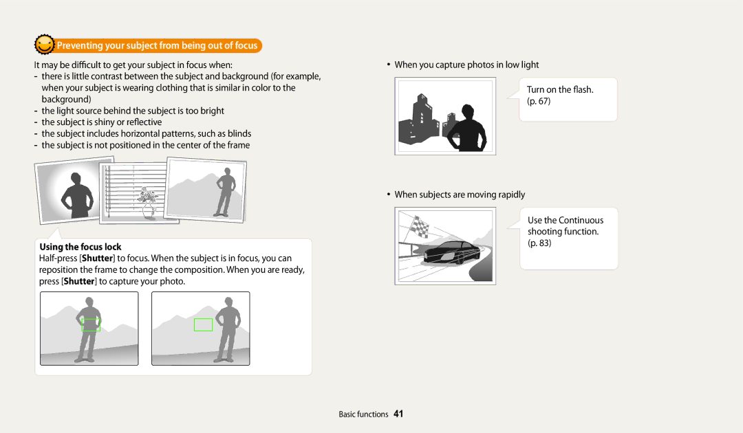 Samsung WB252F, WB280F, WB251F, WB250F user manual Preventing your subject from being out of focus, Using the focus lock 