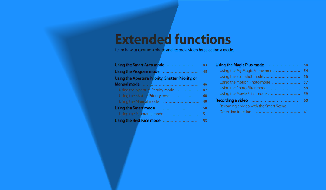 Samsung WB250F, WB280F, WB251F, WB252F user manual Extended functions, Using the Best Face mode ……………………… 