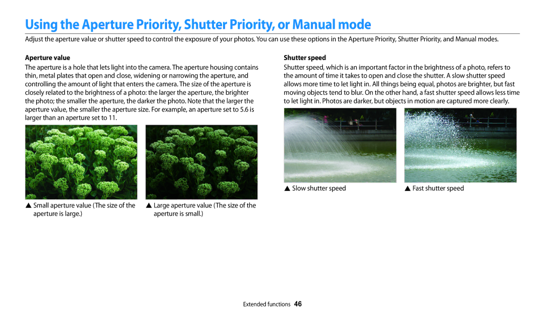 Samsung WB250F, WB280F, WB251F, WB252F user manual Aperture value, Shutter speed, Slow shutter speed 