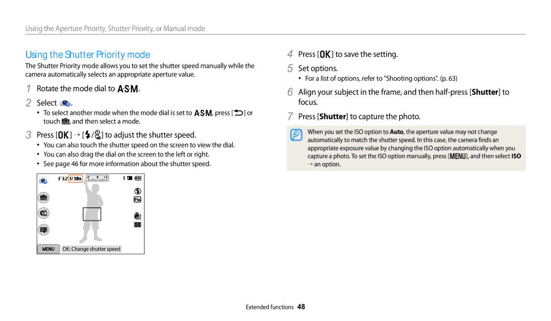 Samsung WB251F, WB280F, WB252F, WB250F user manual Using the Shutter Priority mode, Press o “ F/t to adjust the shutter speed 