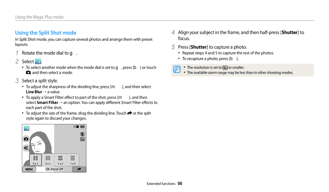 Samsung WB251F, WB280F, WB252F, WB250F user manual Using the Split Shot mode, Select a split style 