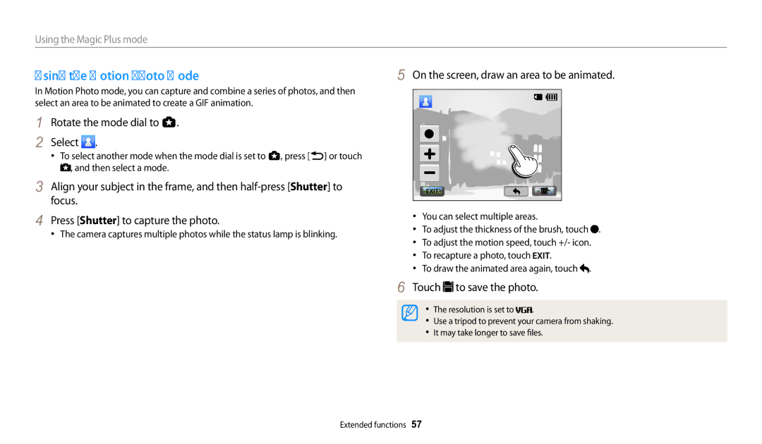 Samsung WB252F, WB280F, WB251F, WB250F user manual Using the Motion Photo mode, On the screen, draw an area to be animated 