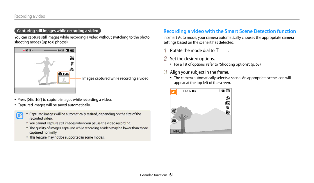 Samsung WB252F, WB280F Rotate the mode dial to T Set the desired options, Capturing still images while recording a video 