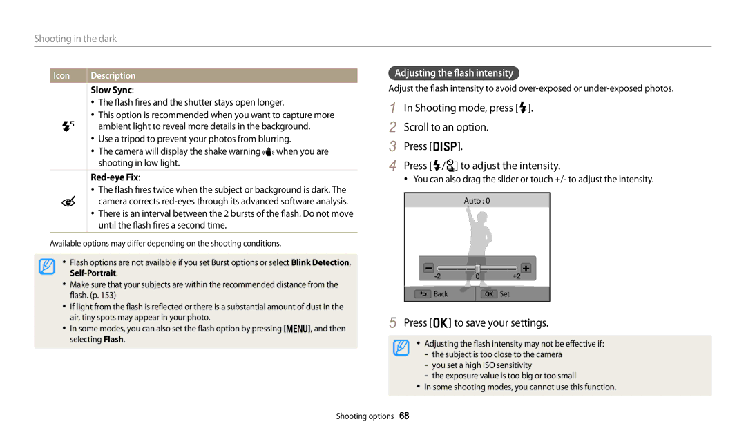 Samsung WB251F, WB280F, WB252F, WB250F user manual Adjusting the flash intensity, Slow Sync, Red-eye Fix 