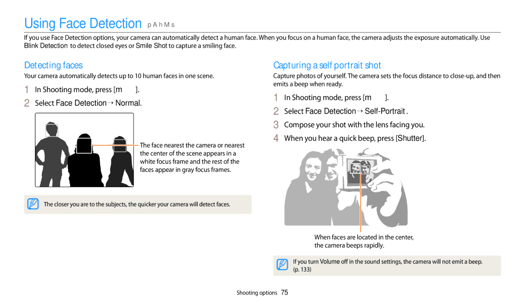 Samsung WB280F, WB251F, WB252F, WB250F Using Face Detection p a h M s, Detecting faces, Capturing a self portrait shot 