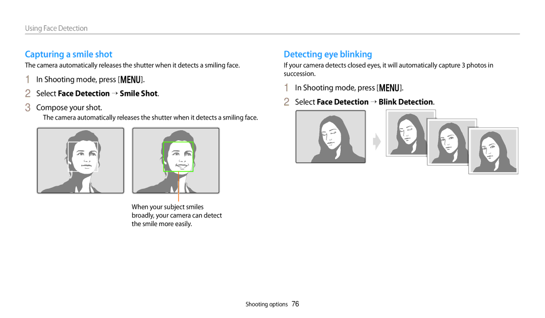 Samsung WB251F Capturing a smile shot, Detecting eye blinking, Select Face Detection “ Smile Shot, Compose your shot 
