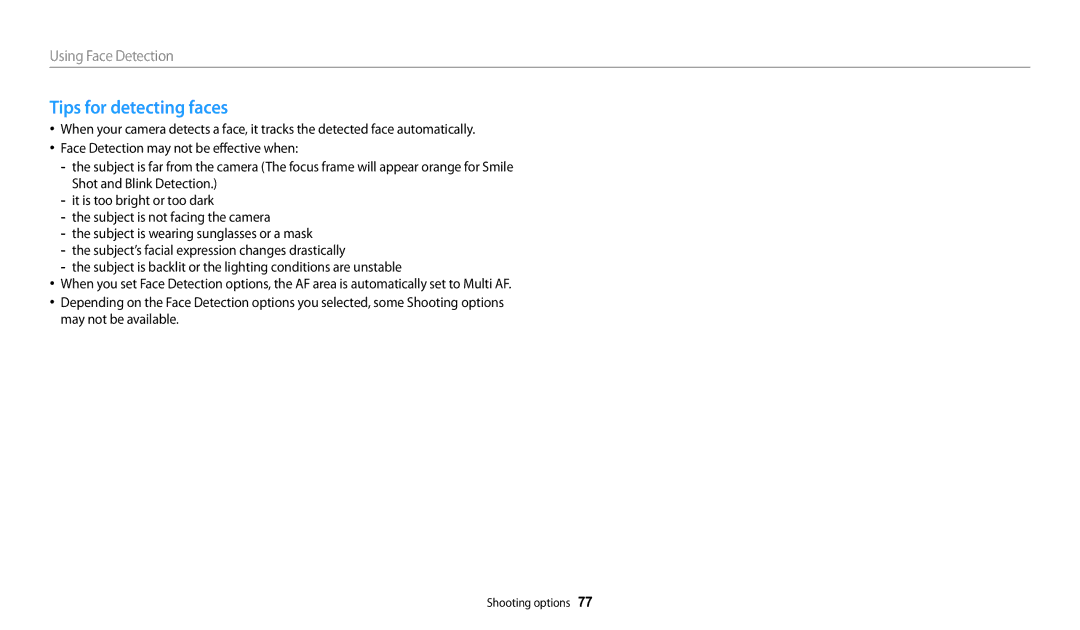 Samsung WB252F, WB280F, WB251F, WB250F user manual Tips for detecting faces 