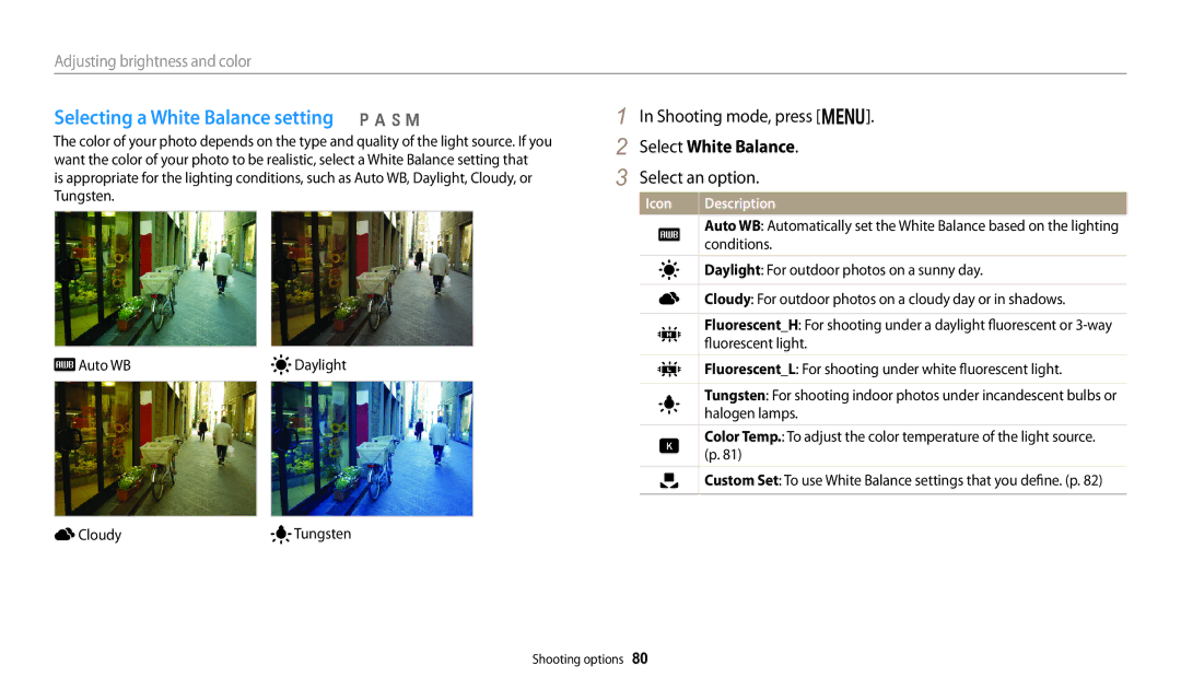 Samsung WB251F, WB280F, WB252F, WB250F user manual Selecting a White Balance setting p a h M, Select White Balance 