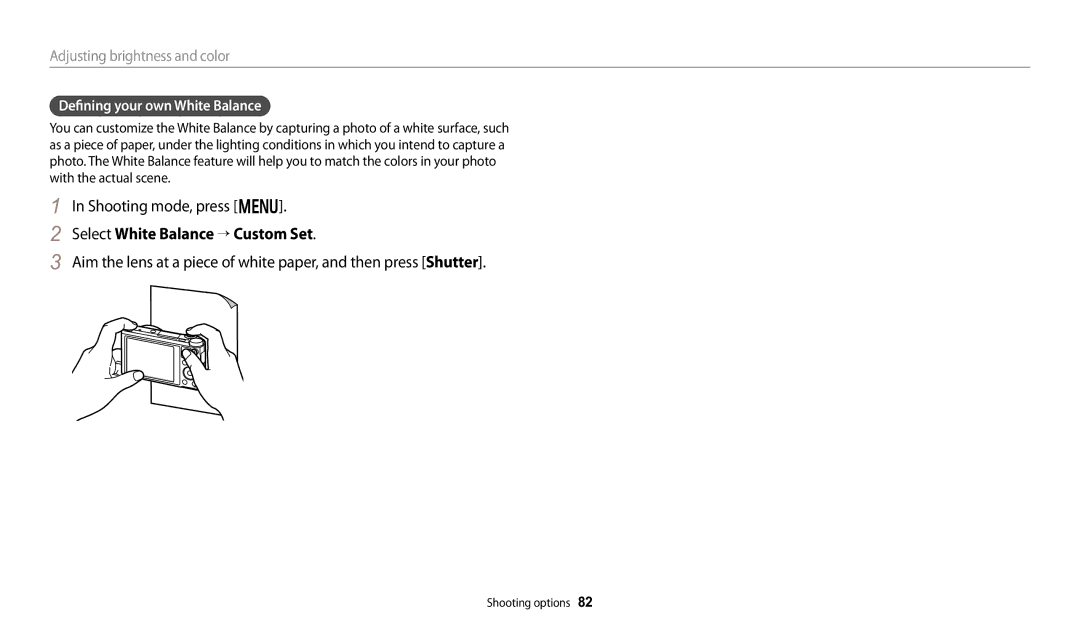 Samsung WB250F, WB280F, WB251F, WB252F user manual Select White Balance “ Custom Set, Defining your own White Balance 