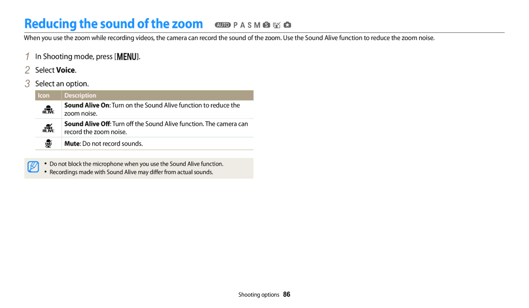 Samsung WB250F Reducing the sound of the zoom T p a h M s i g, Shooting mode, press m Select Voice Select an option 