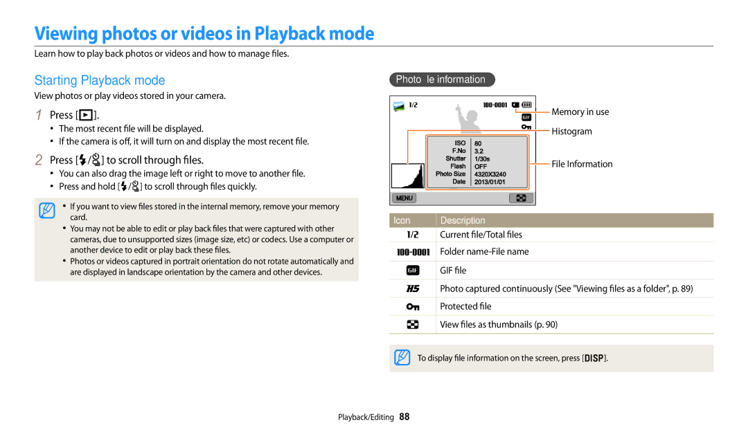 Samsung WB251F, WB280F Viewing photos or videos in Playback mode, Starting Playback mode, Press P, Photo file information 