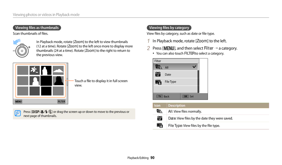 Samsung WB250F Viewing files as thumbnails, Viewing files by category, View files by category, such as date or file type 