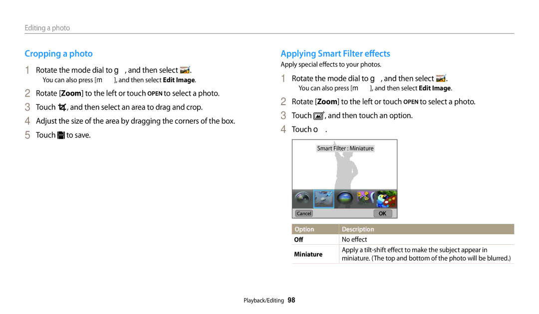 Samsung WB250F, WB280F Cropping a photo, Applying Smart Filter effects, Apply special effects to your photos, No effect 