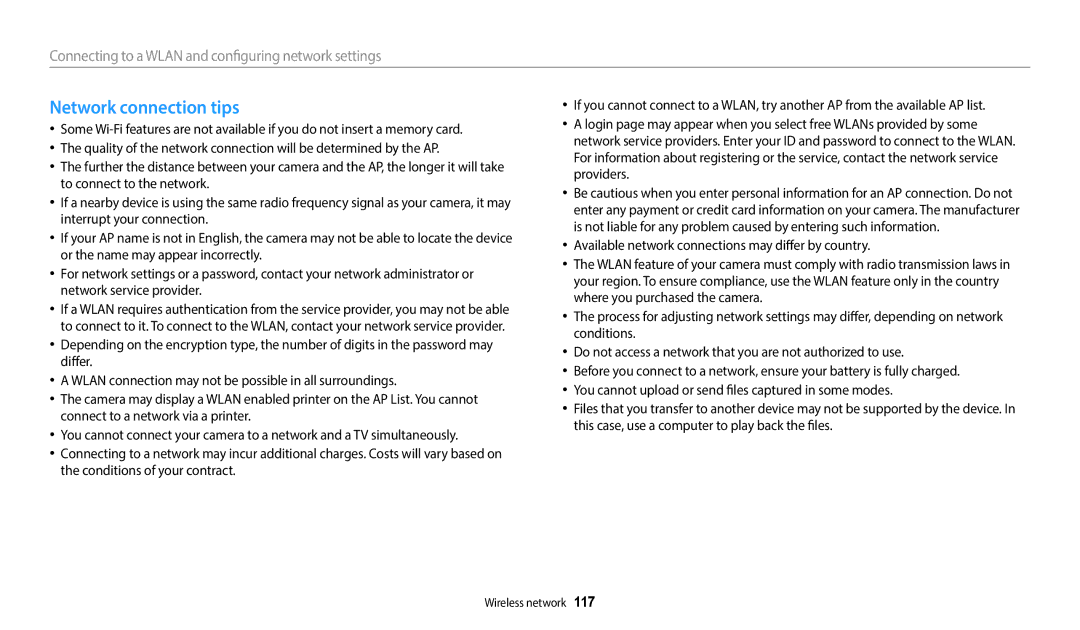 Samsung WB351F, WB352F, WB350F, WB2014F user manual Network connection tips 