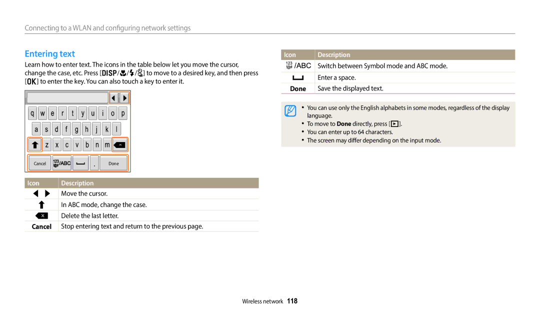 Samsung WB2014F Entering text, Switch between Symbol mode and ABC mode, Enter a space, Done, Save the displayed text 