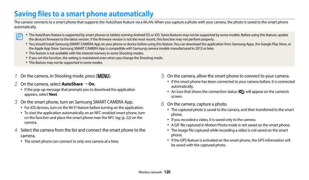 Samsung WB350F, WB352F Saving files to a smart phone automatically, On the smart phone, turn on Samsung Smart Camera App 