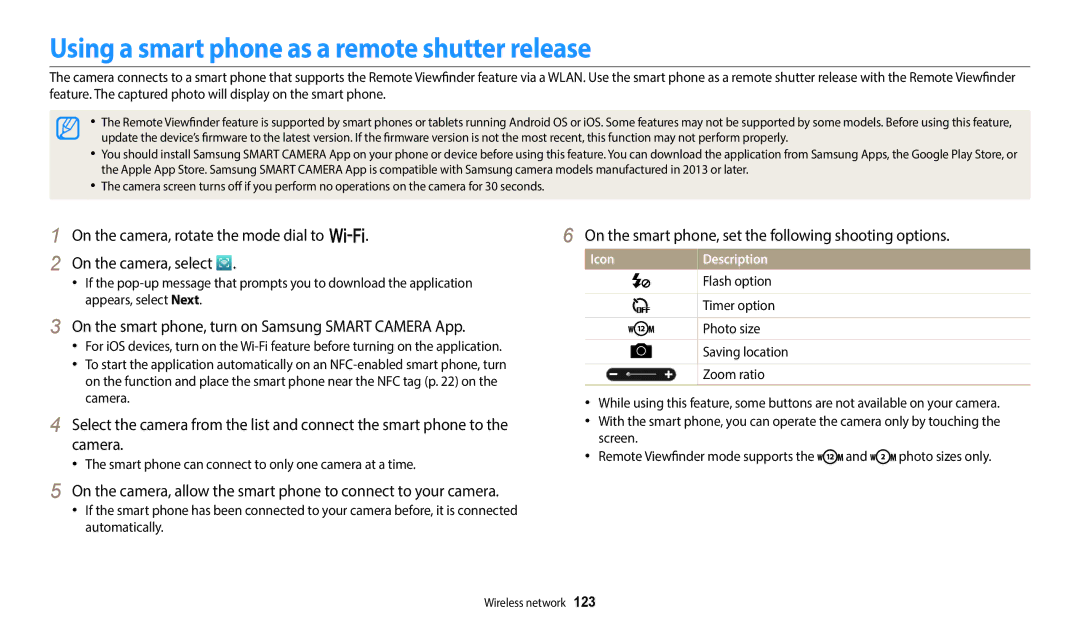 Samsung WB352F Using a smart phone as a remote shutter release, On the smart phone, set the following shooting options 