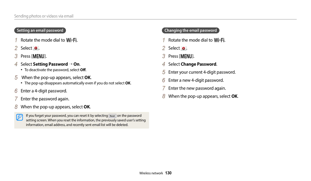 Samsung WB2014F, WB352F, WB350F Select Setting Password → On, When the pop-up appears, select OK, Select Change Password 