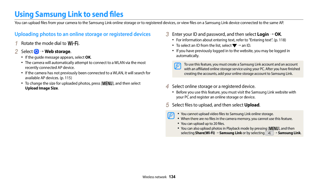 Samsung WB2014F, WB352F, WB350F, WB351F user manual Using Samsung Link to send files, Select → Web storage 