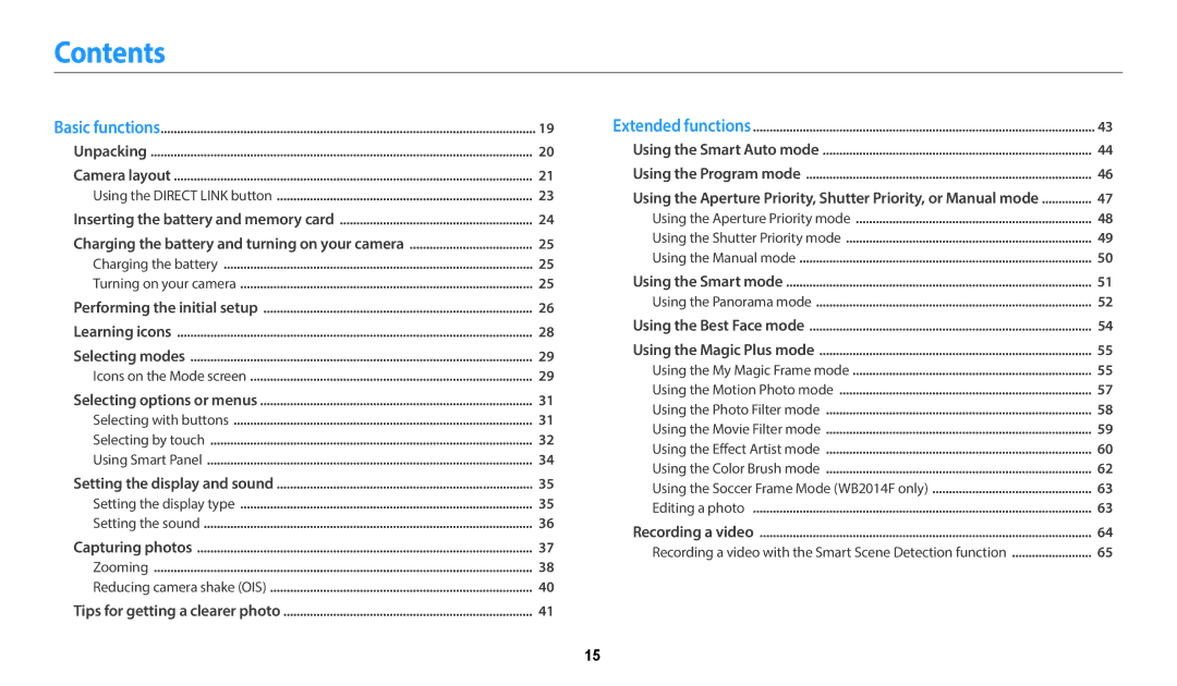 Samsung WB352F, WB350F, WB351F, WB2014F user manual Contents 