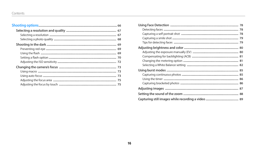 Samsung WB350F, WB352F, WB351F, WB2014F user manual Contents 