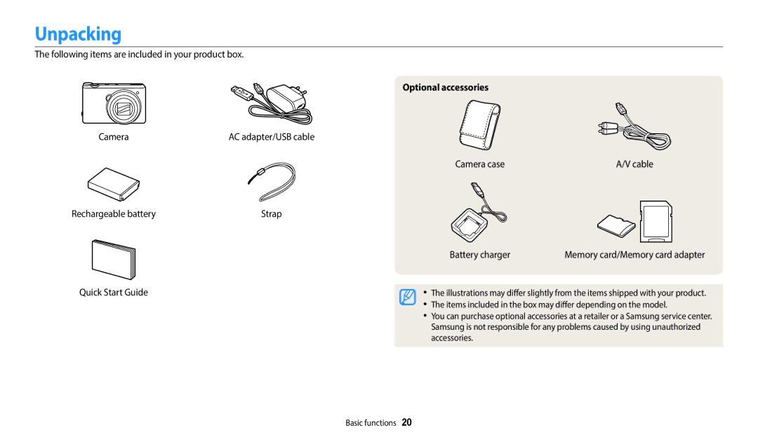 Samsung WB350F, WB352F, WB351F, WB2014F user manual Unpacking, Optional accessories 