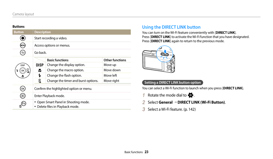 Samsung WB352F, WB350F Using the Direct Link button, Rotate the mode dial to n, Select General → Direct Link Wi-Fi Button 