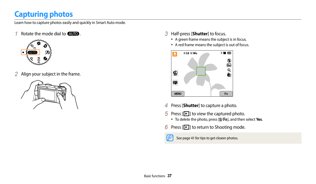 Samsung WB351F Capturing photos, Press P to return to Shooting mode, To delete the photo, press /f, and then select Yes 