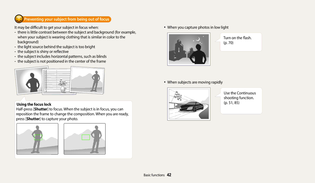 Samsung WB2014F, WB352F, WB350F, WB351F user manual Preventing your subject from being out of focus, Using the focus lock 