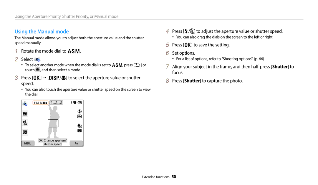 Samsung WB2014F, WB352F, WB350F, WB351F Using the Manual mode, Press o → D/c to select the aperture value or shutter speed 