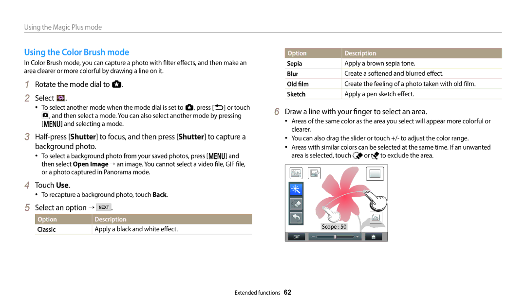 Samsung WB2014F, WB352F Using the Color Brush mode, Select an option →, Draw a line with your finger to select an area 