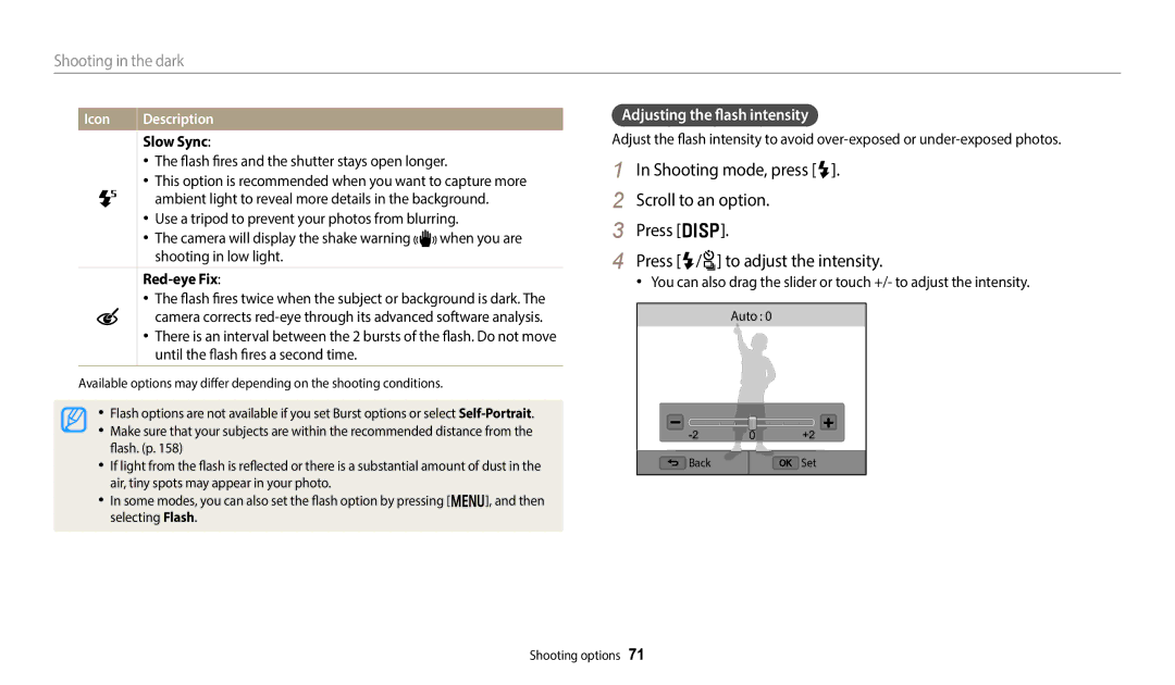 Samsung WB352F, WB350F, WB351F, WB2014F user manual Adjusting the flash intensity, Slow Sync, Red-eye Fix 