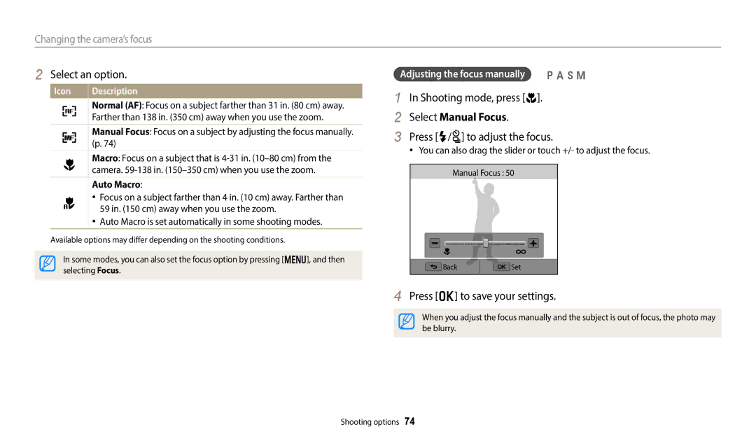 Samsung WB2014F, WB352F, WB350F, WB351F user manual Select Manual Focus, Press F/t to adjust the focus, Auto Macro 