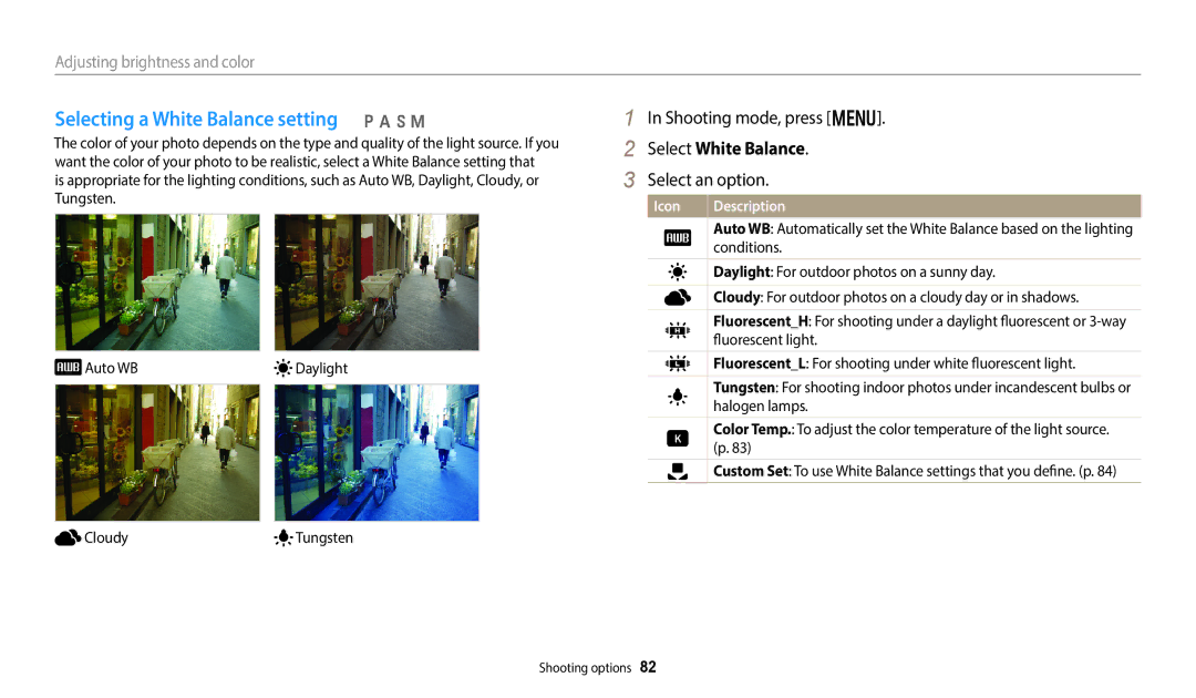 Samsung WB2014F, WB352F, WB350F, WB351F user manual Selecting a White Balance setting p a h M, Select White Balance 