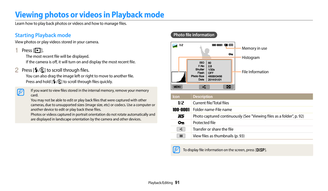 Samsung WB352F, WB350F Viewing photos or videos in Playback mode, Starting Playback mode, Press P, Photo file information 