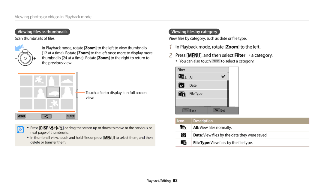 Samsung WB351F Viewing files as thumbnails, Viewing files by category, View files by category, such as date or file type 