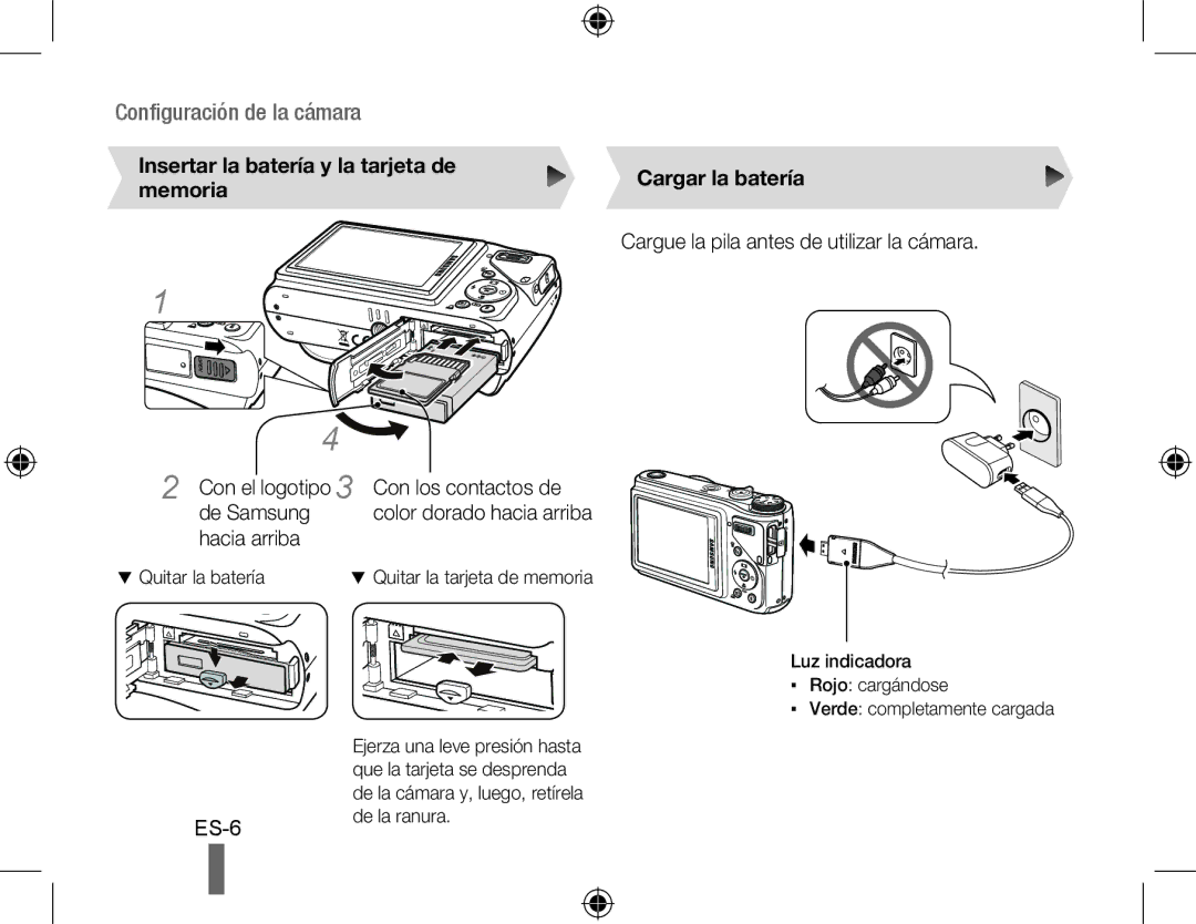 Samsung WB500 Insertar la batería y la tarjeta de memoria, Cargar la batería, Cargue la pila antes de utilizar la cámara 