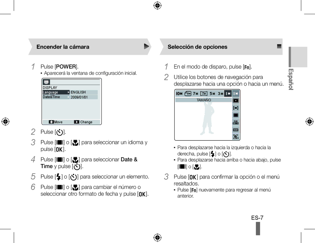 Samsung WB500 quick start manual Encender la cámara, Selección de opciones 